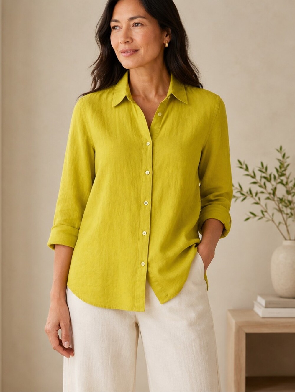 EILEEN FISHER XL Linen Blend Button Front Blouse Chartreuse Italian Fabric